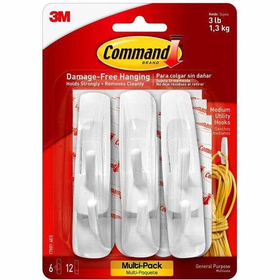 Command Hooks Value Pack, White, Medium, 6 Hooks, 12 Strips/Pack