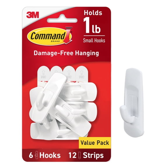 Command Hooks Value Pack, White, Small, 6 Hooks, 12 Strips/Pack