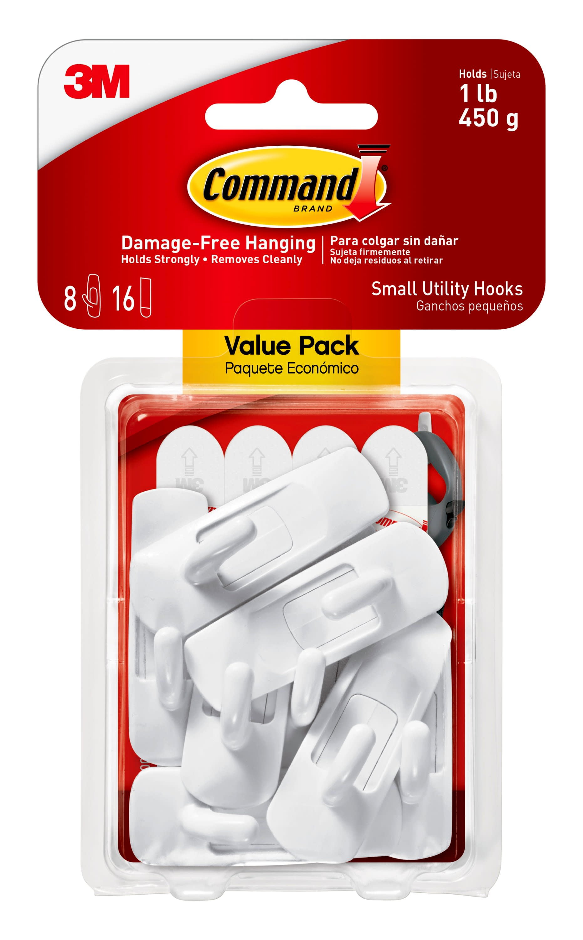 Command Small White Utility Hook Value Pack (8 Hooks, 16 Strips)