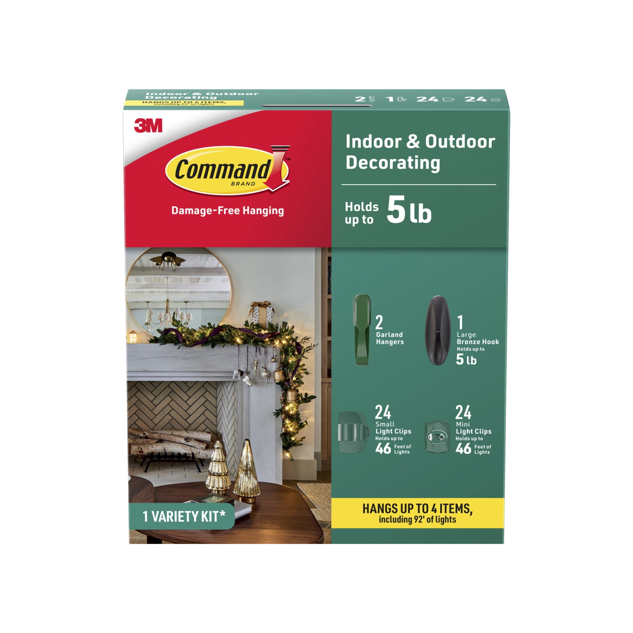 Command Holiday Decorating Kit, Indoor & Outdoor Use, Holds up to 5 lb., Hang up to 92 ft. of Lights and 4 Decorations