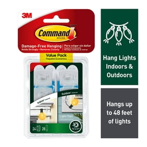 Command Indoor and Outdoor Light Clips, Clear, Hang Lights, 24 Clips and 28 Strips, Holiday Decorations