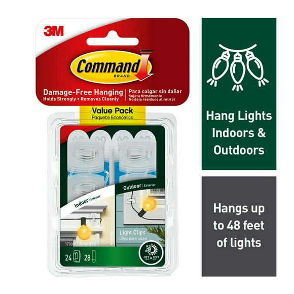 Command Indoor and Outdoor Light Clips, Clear, Hang Lights, 24 Clips and 28 Strips, Holiday Decorations