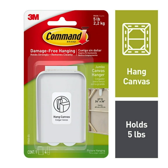 Command Jumbo Canvas Hangers, Holds 5 lb, Indoor Use, White, 1 Wall Hanger, 4 Pairs Adhesive Strips
