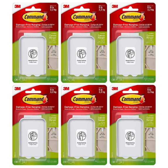 Command Jumbo Canvas Picture Hangers Plastic White 1 Hanger 4 Strips, 6 Pack