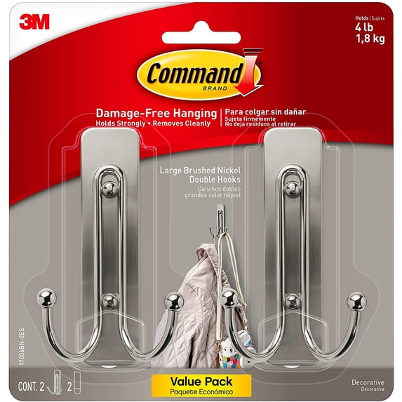 Command Large Brushed Nickel Double Hook, 2 Hooks, 2 Strips, 17036BN-2ES