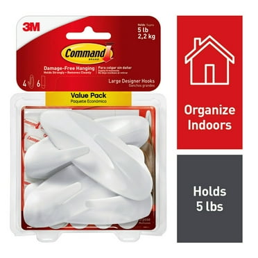 Command Large Designer Hooks, White, 4 Wall Hooks, Damage-Free Hanging