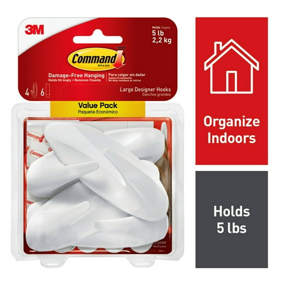 Command Large Designer Hooks, White, 4 Wall Hooks, Damage-Free Hanging