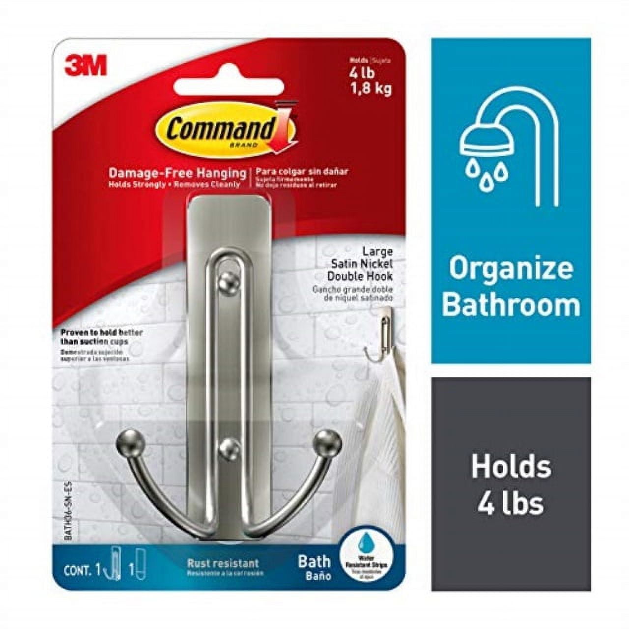 Command Large Double Bath Hook, Satin Nickel, 1Hook, 1Large Water