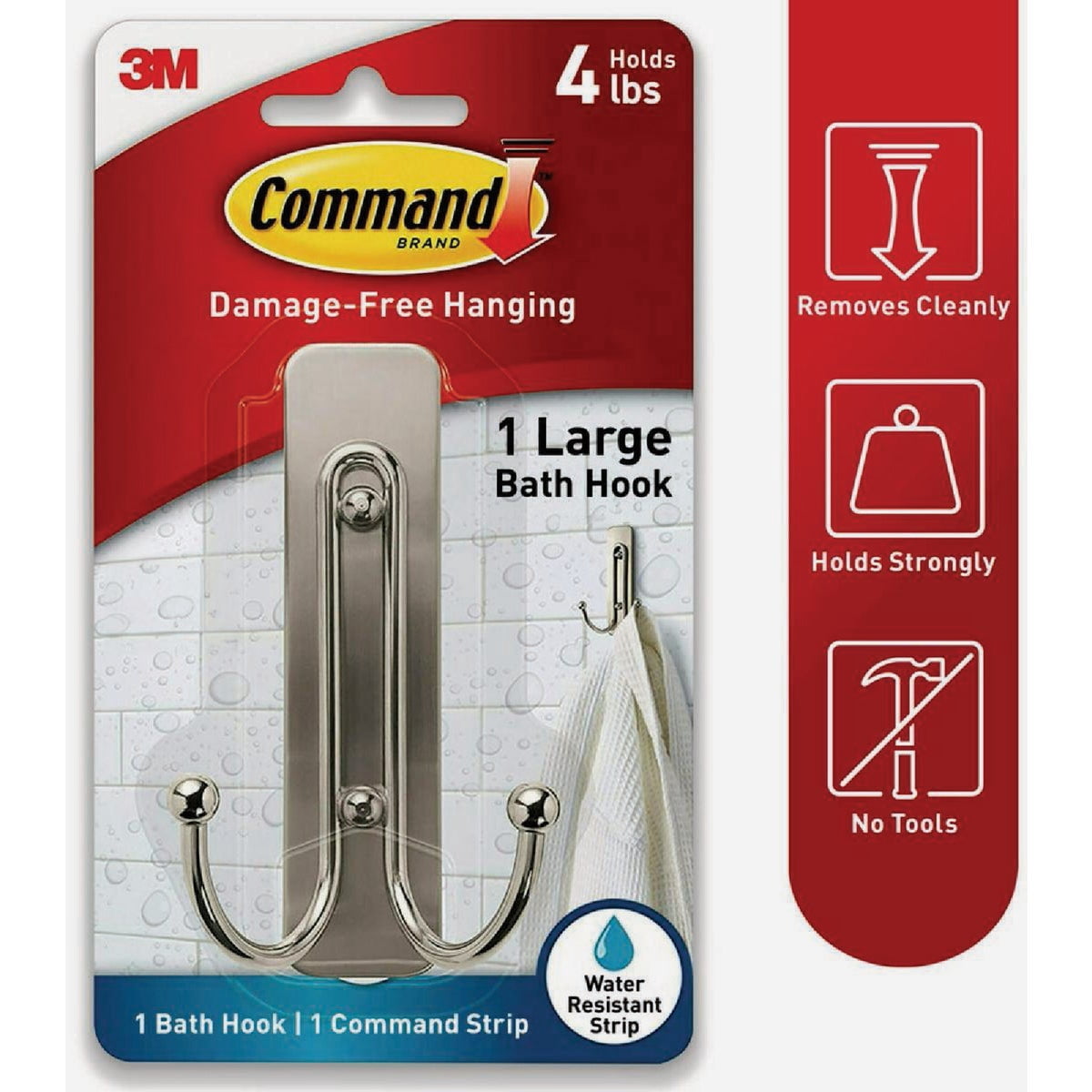 Command Large Double Bath Hook, Satin Nickel, 2-Hooks, 2-Large Water-Resistant Strips