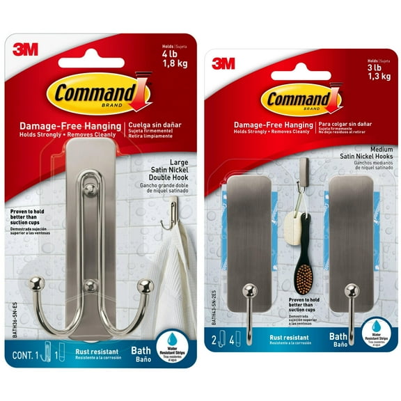 Command Large Double Bathroom Wall Hook, Satin Nickel, 1 Metal Hook and Command Bath Medium Hooks, Satin Nickel, 2 Wall Hooks