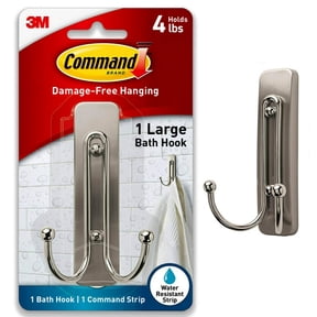 Command Large Double Bathroom Wall Hook, Satin Nickel, Damage Free Hanging, 1 Metal Hook