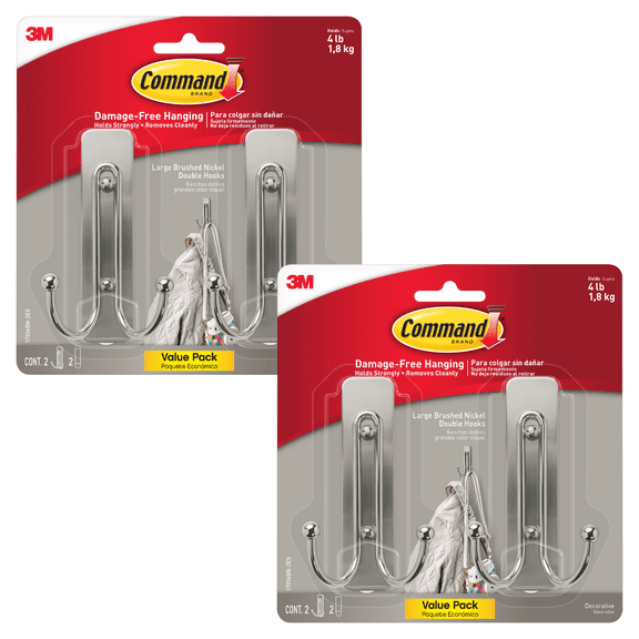 Command Large Double Hooks: (Brushed Nickel) [4-pack] 17036BN-2ES