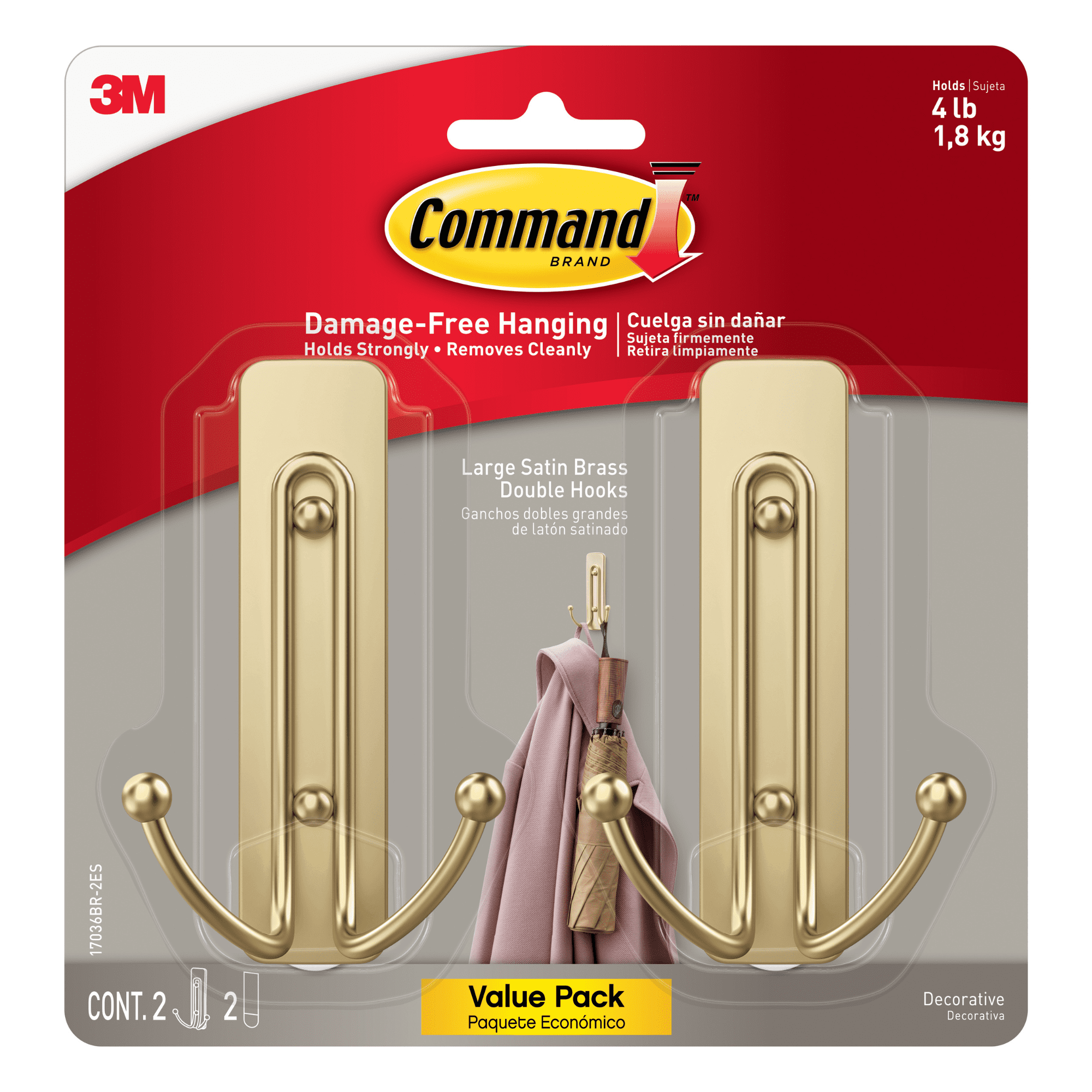 Command Large Double Hooks [Removable]: 2-pack (Satin Brass) [4-sets]