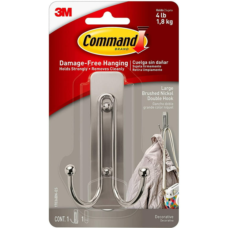 Command Large Double Wall Hook, Brushed Nickel, Decorate Damage-Free