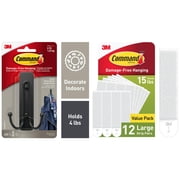Command Large Double Wall Hooks, Black, 1 Hook and Command White Large Picture Hanging Strips 12 Pairs