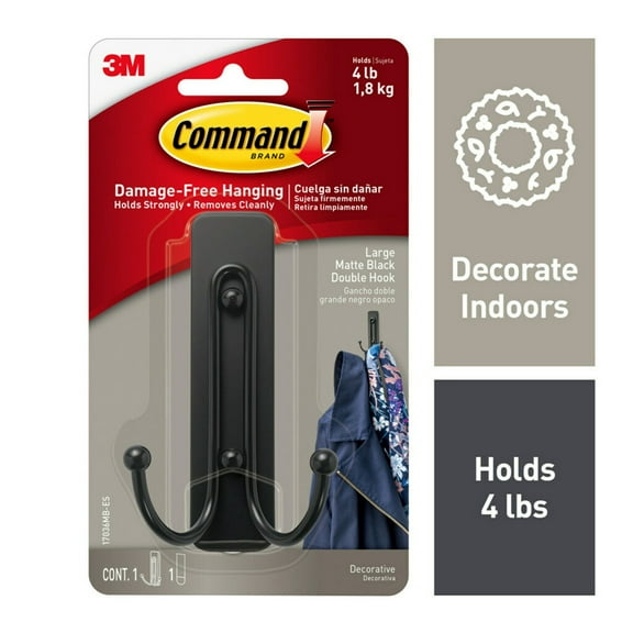 Command Large Double Wall Hooks, Black, Damage Free Decorating, 1 Hook