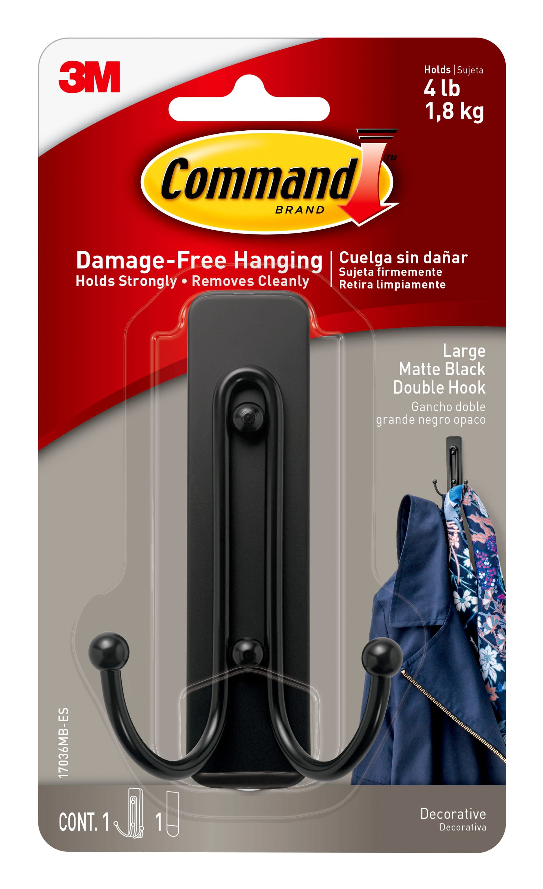 Command Double Hook, Decorative, Matte Black, Large