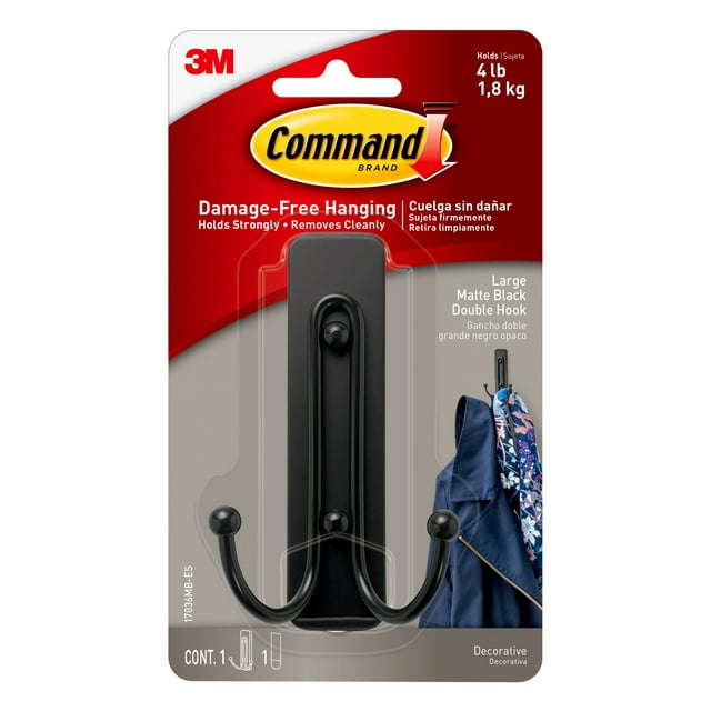 Command Large Double Wall Hooks, Black, Damage Free Decorating, 1 Hook