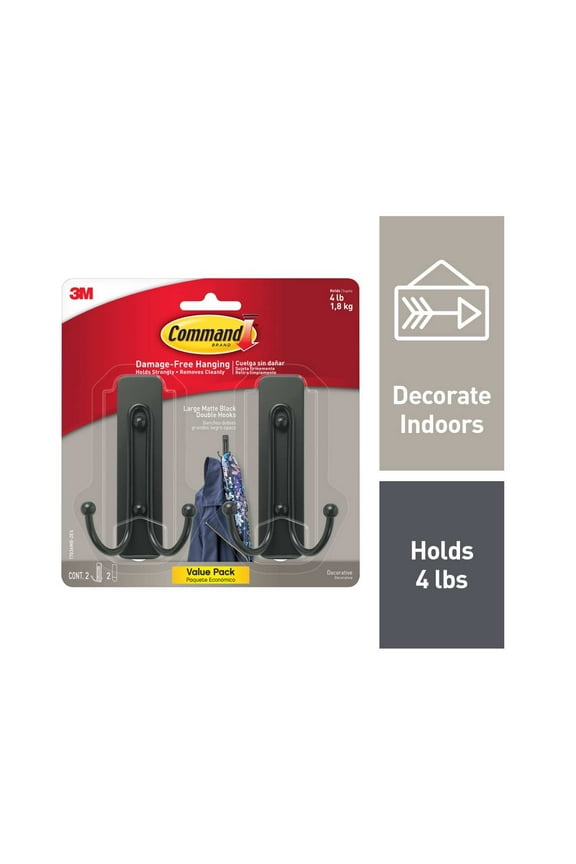 Large Double Wall Hooks, Black, Damage Free Decorating, 2 Hooks