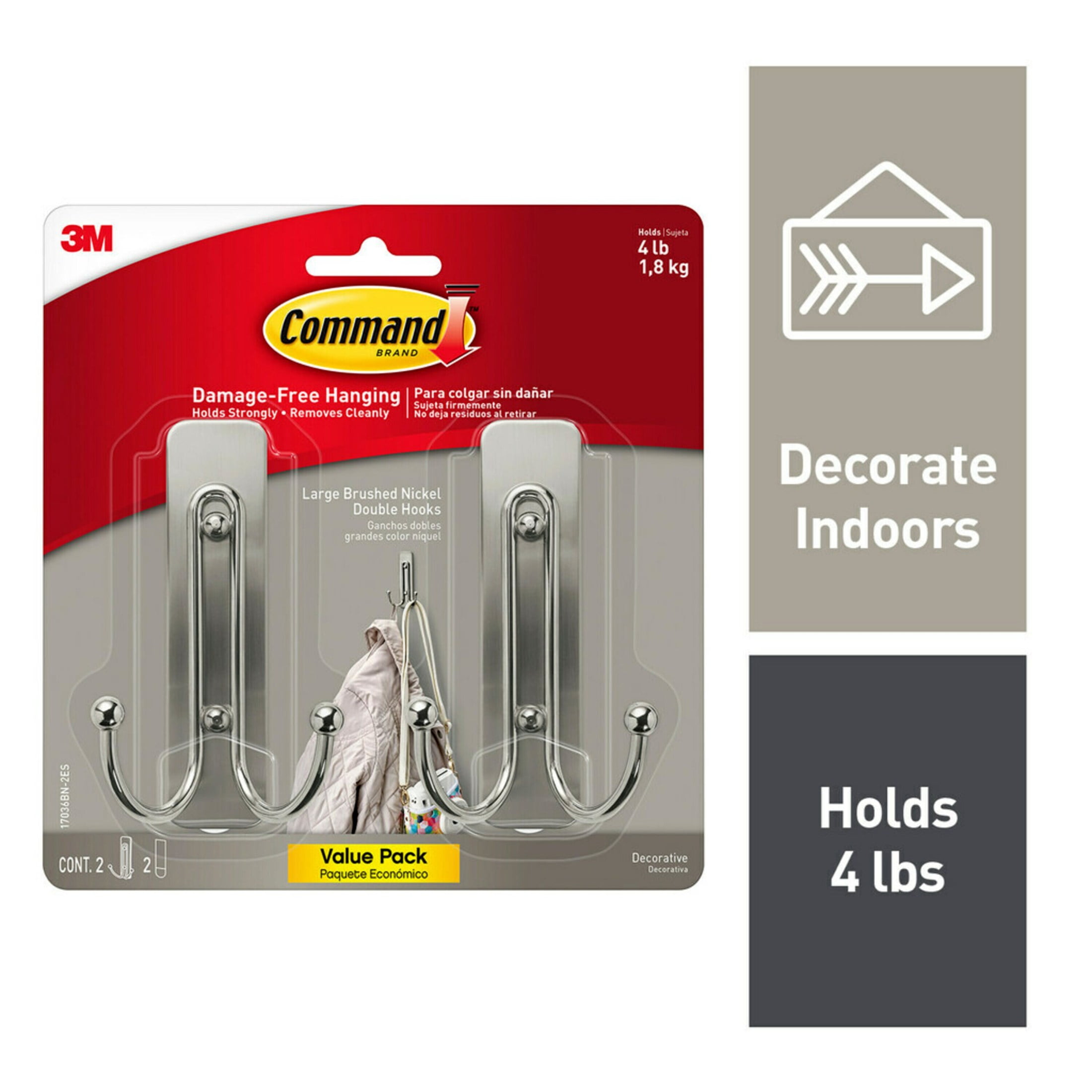 Command Large Double Wall Hooks, Brushed Nickel, Damage Free Decorating, 2 Hooks