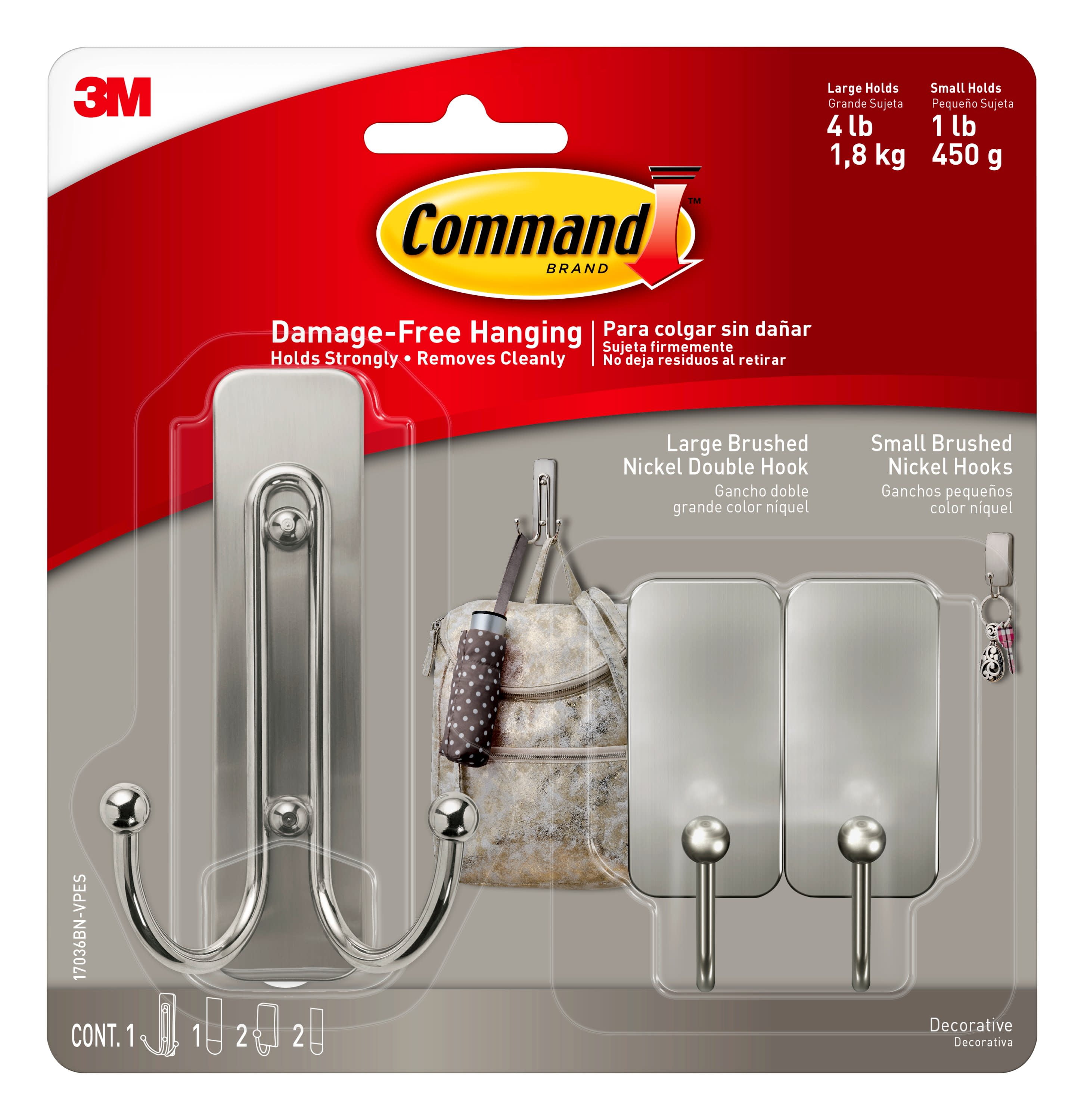 Command Large Double and Small Hooks, Brushed Nickel, 1 Large Double