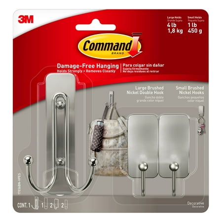 Command Large Double and Small Hooks, Brushed Nickel, 1 Large Double Wall Hook, 2 Small Wall Hooks