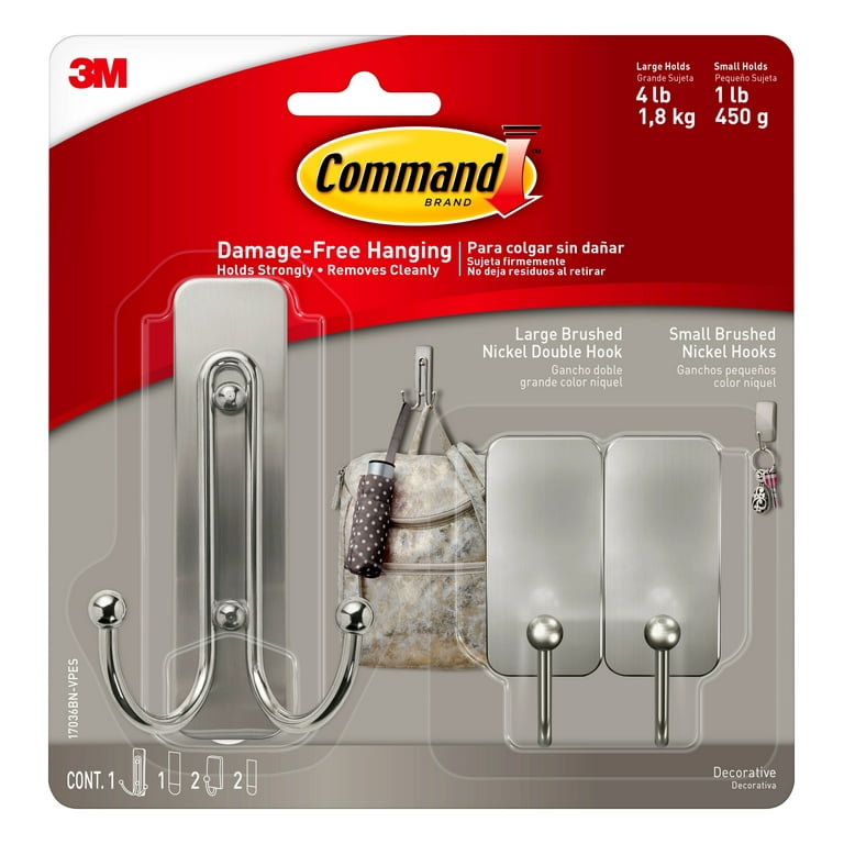 Command Large and Small Decorative Hooks Brushed Nickel