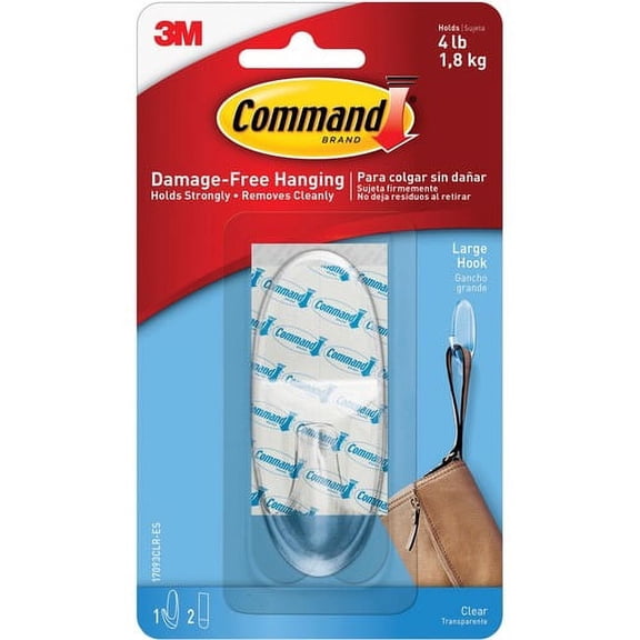 Command Large Hook with Clear Strips - 4 lb (1.81 kg) Capacity - 3.4" Length - for Decoration - Plastic - Clear - 1 / Pack | Bundle of 10 Packs