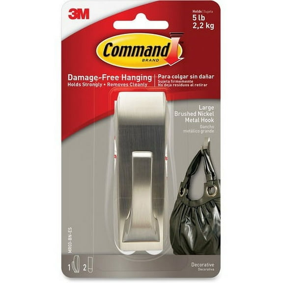 Command Large Modern Reflections Hook - 5 lb (2.27 kg) Capacity - for Painted Surface, Wood, Tile - Metal - Brushed Nickel - 1 / Pack | Bundle of 10 Packs