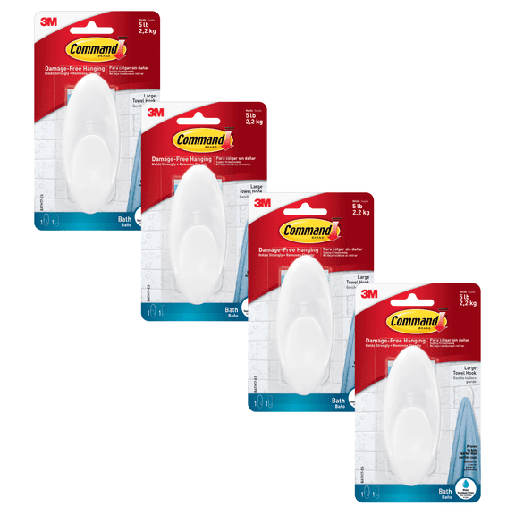 Command Large Towel Hook: (Clear Frosted) [4-pack] BATH17-ES