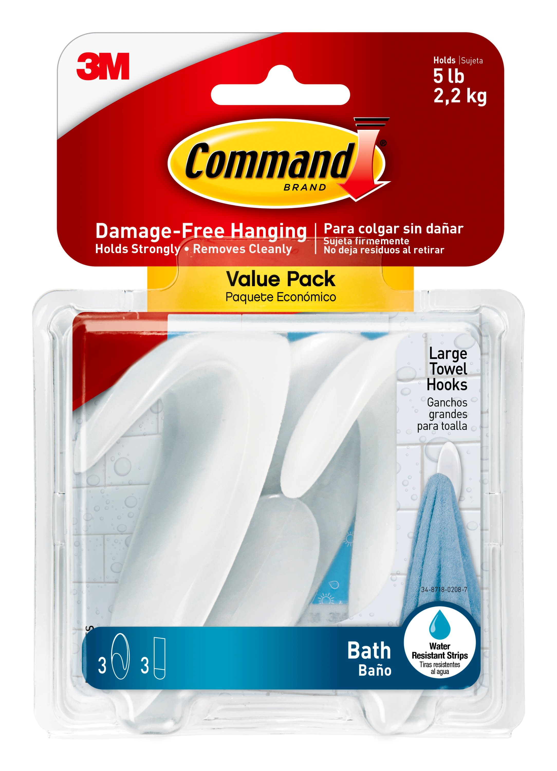 Command BATH17-3ES Large Towel Hooks, White - 3 pack