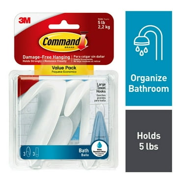Command Large Towel Hooks Value Pack, Frosted, 3 Wall Hooks, Holds 5 lbs, Bathroom Organization