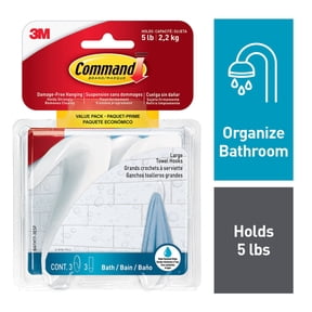 Command Large Towel Hooks Value Pack, Frosted, 3 Wall Hooks, Holds 5 lbs, Bathroom Organization