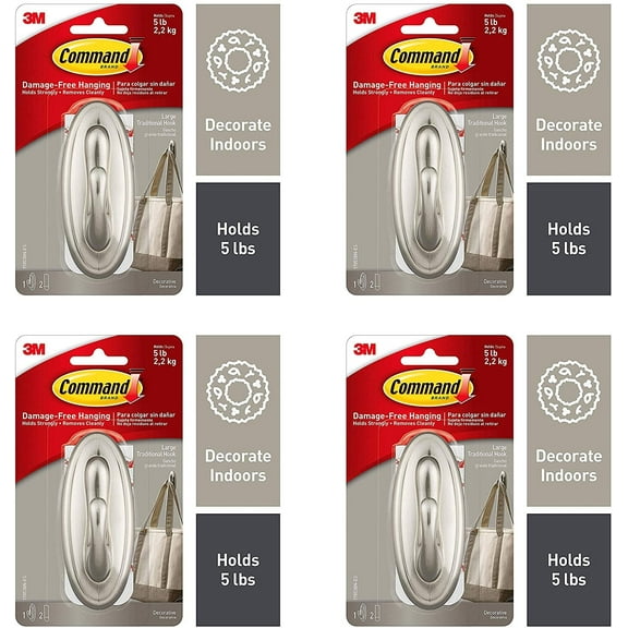 Command Large Traditional Hook, Brushed Nickel, Holds 5 lbs, 1 Hook, 2 Strips 17053BN-ES - 4 Pack