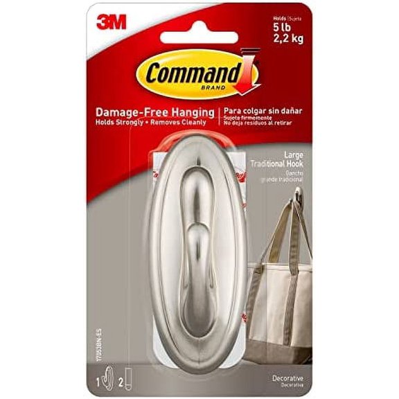 Command Large Traditional Plastic Hook, Brushed Nickel, 1-Hook, 2-Strips, Organize Damage-Free Large 1 Hook