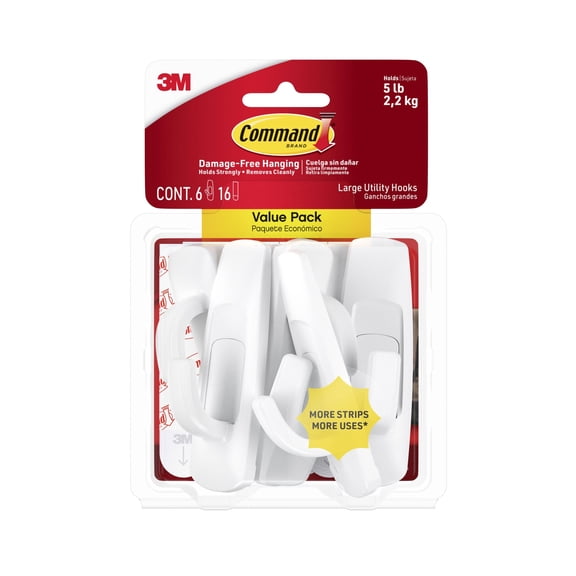 Command Large Utility Hooks, Holds 5 lb, White, 6 Hooks, 12 Pairs Adhesive Strips