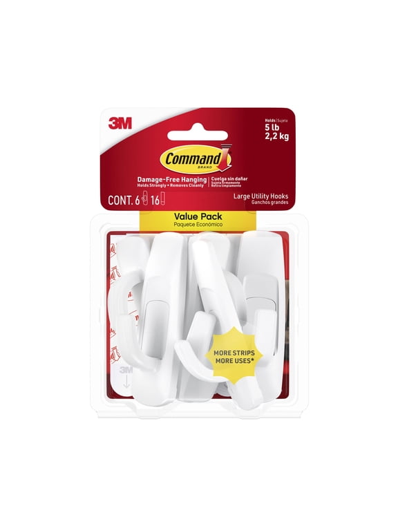 Large Utility Hooks, Holds 5 lb, White, 6 Hooks, 16 Pairs Adhesive Strips