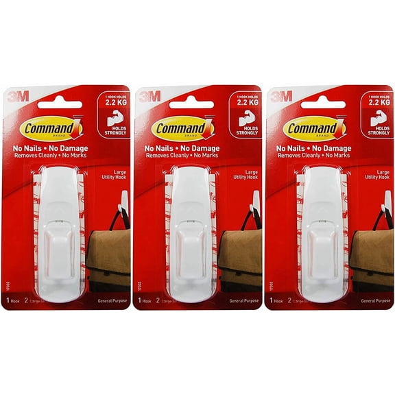 Command Large Utility Hook 17003ES - Adhesive Easy Installation - 3 Pack, White