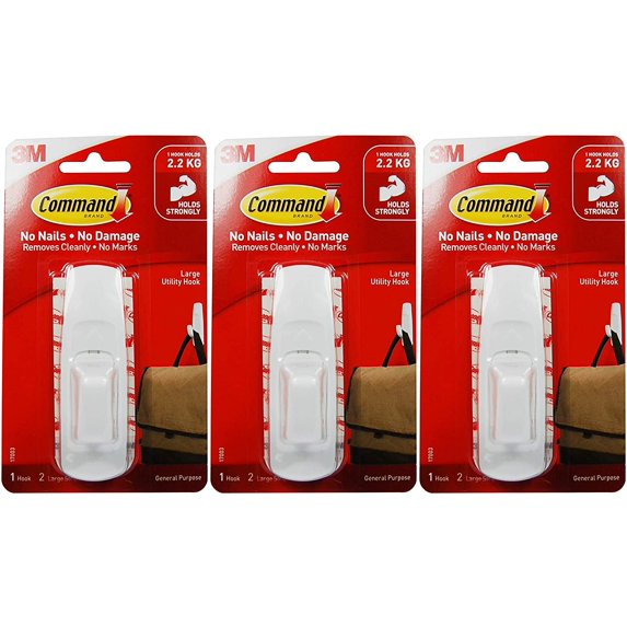 Command Large Utility Hook 17003ES - Adhesive Easy Installation - 3 Pack, White