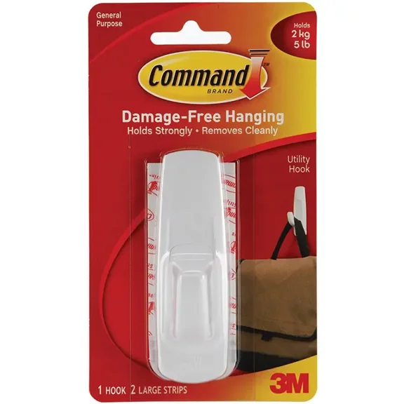Command Large Utility Hook, White, Damage Free Decorating, 1 Hook and 2 Command Strips