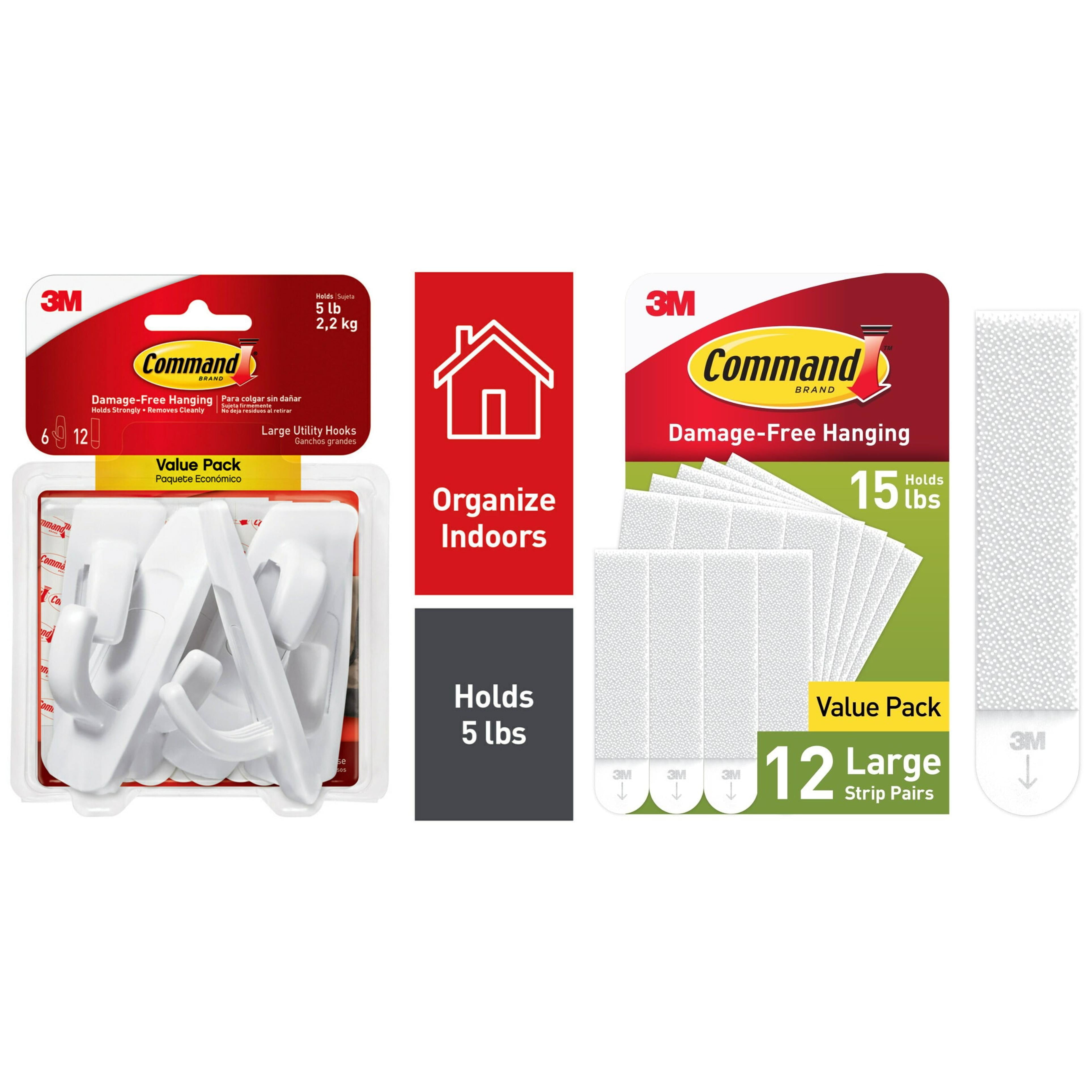 Command Large Utility Hooks, White, 6 Hooks and Command White Large Picture Hanging Strips 12 Pairs