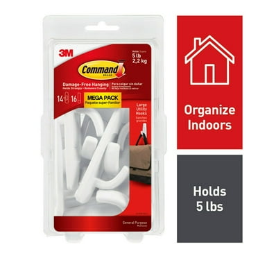 Command Large Utility Hooks, White, 14 Wall Hooks, Hang Dorm Decorations Damage-Free
