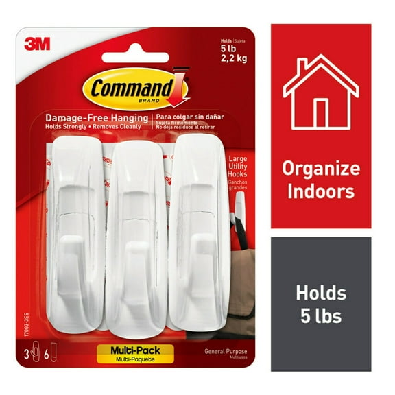 Command Large Utility Hooks, White, Damage Free Decorating, 3 Hooks and 6 Command Strips