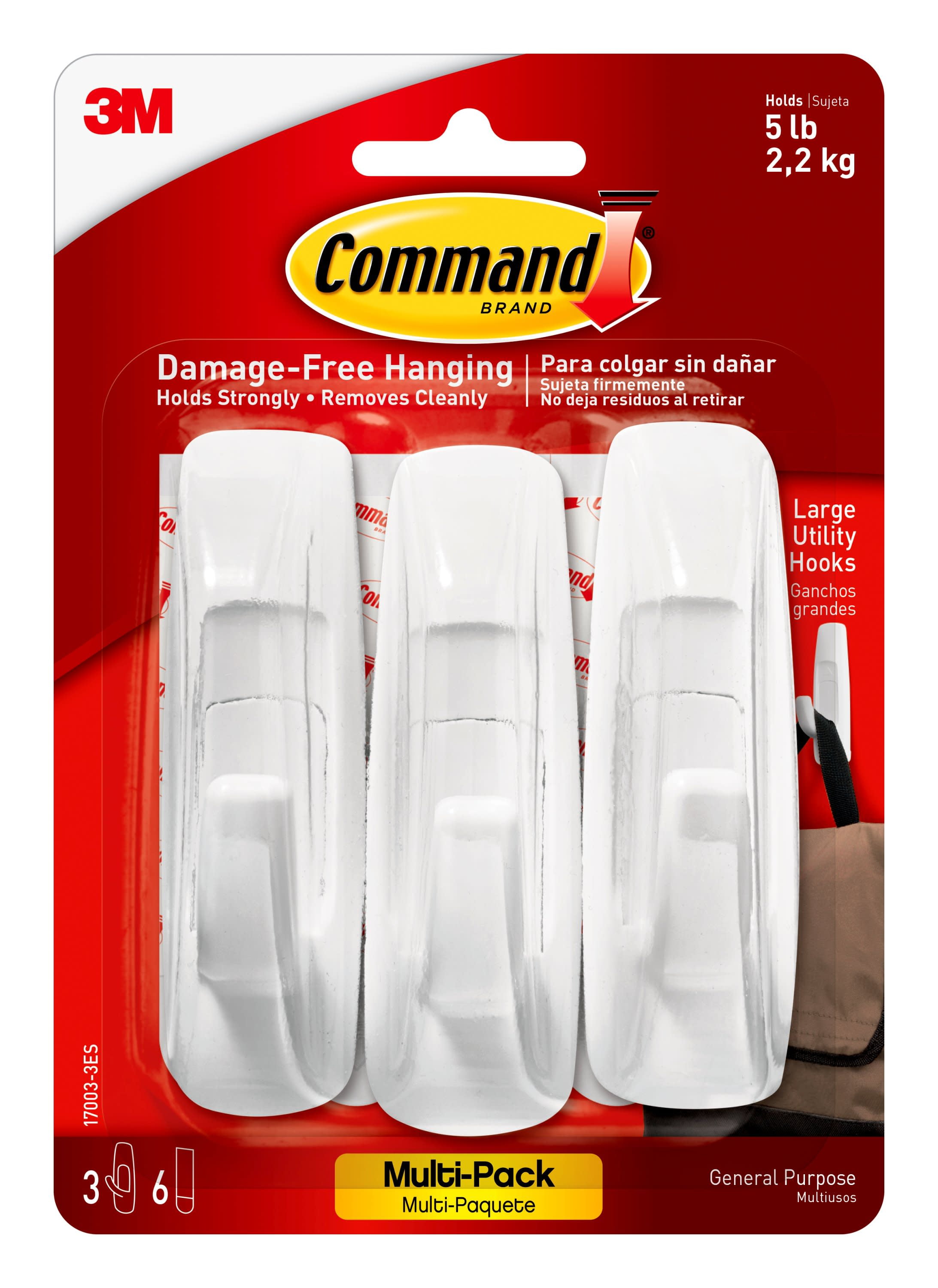 Command Large Utility Hooks, White, Damage Free Decorating, 3 Hooks and 6  Command Strips
