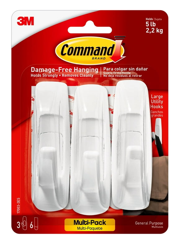 Command Large Utility Hooks, White, Damage Free Decorating, 3 Hooks and 6 Command Strips