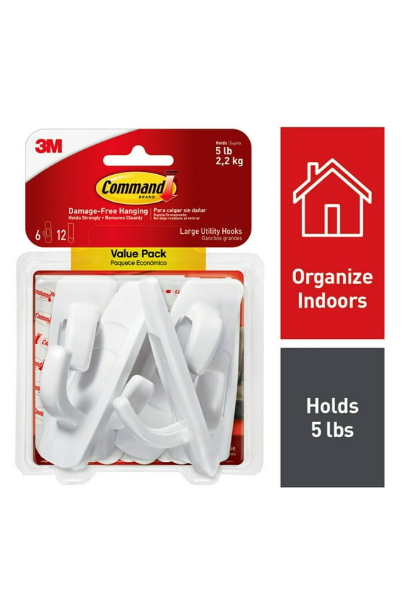 Large Utility Hooks, White, Damage Free Decorating, 6 Hooks and 12 Command Strips