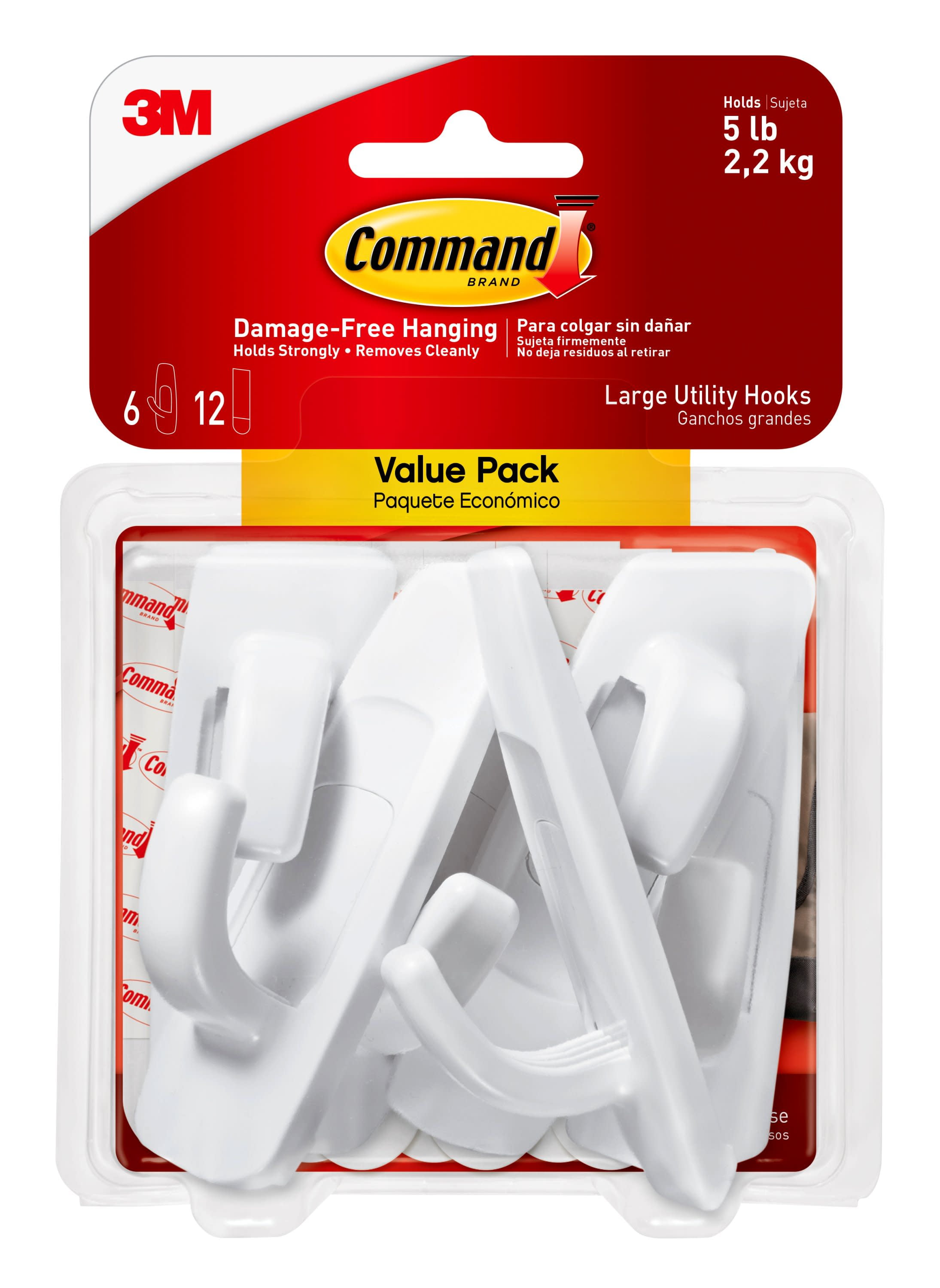 Command Large White Utility Hook Value Pack (6 Hooks, 12 Strips)