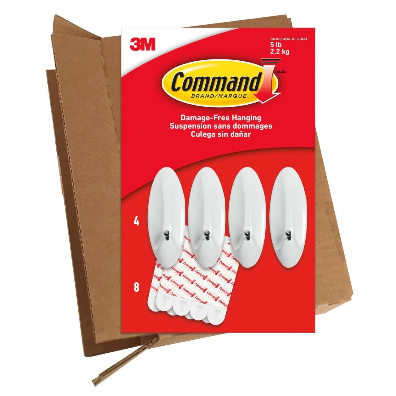 White Metal Adhesive Wall Hooks with Strips, 4-Pack
