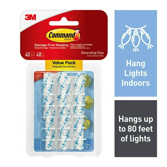 Command Light Clips Value Pack, Clear, Hang Lights, 40 Clips and 48 Strips, Holiday Decorating