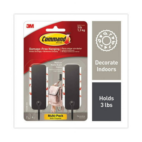 Decorative Hooks, Medium, Matte Black, 2 Hook And 4 Strips/pack